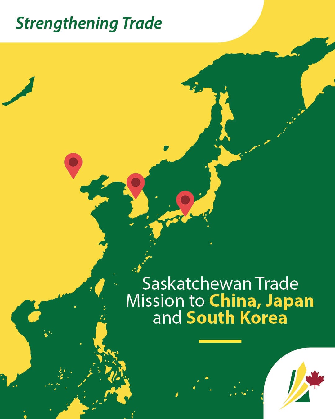Infographic of a world map showing Saskatchewan’s trade mission with indicators to China, Japan and South Korea.