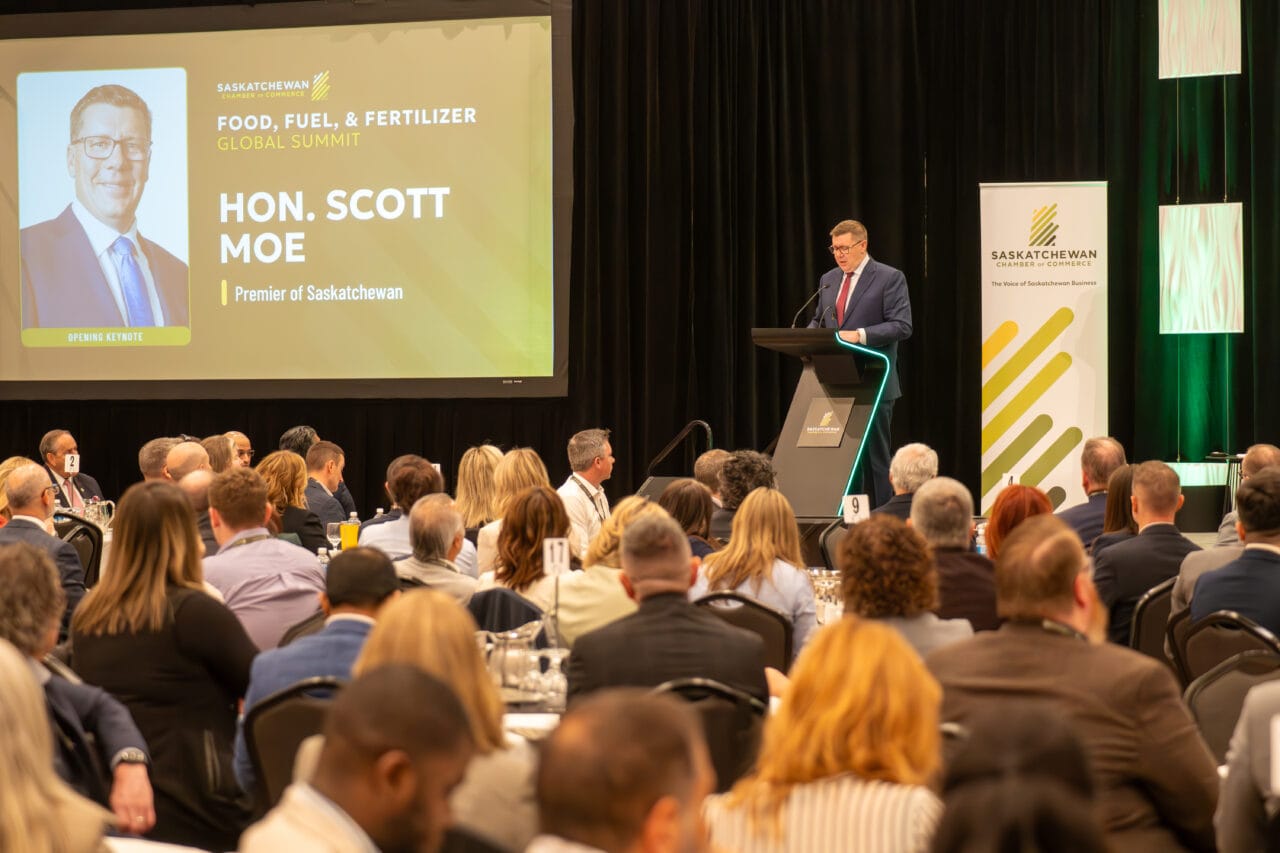Premier Scott Moe delivers the keynote address at the 2026 Food, Fuel, Fertilizer Global Summit.