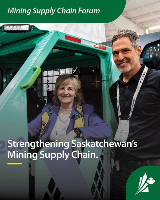 Infographic showing two people. A woman sitting inside a vehicle used for mining and a man standing next to her. The graphic reads " Strengthening Saskatchewan's Mining Supply Chain".