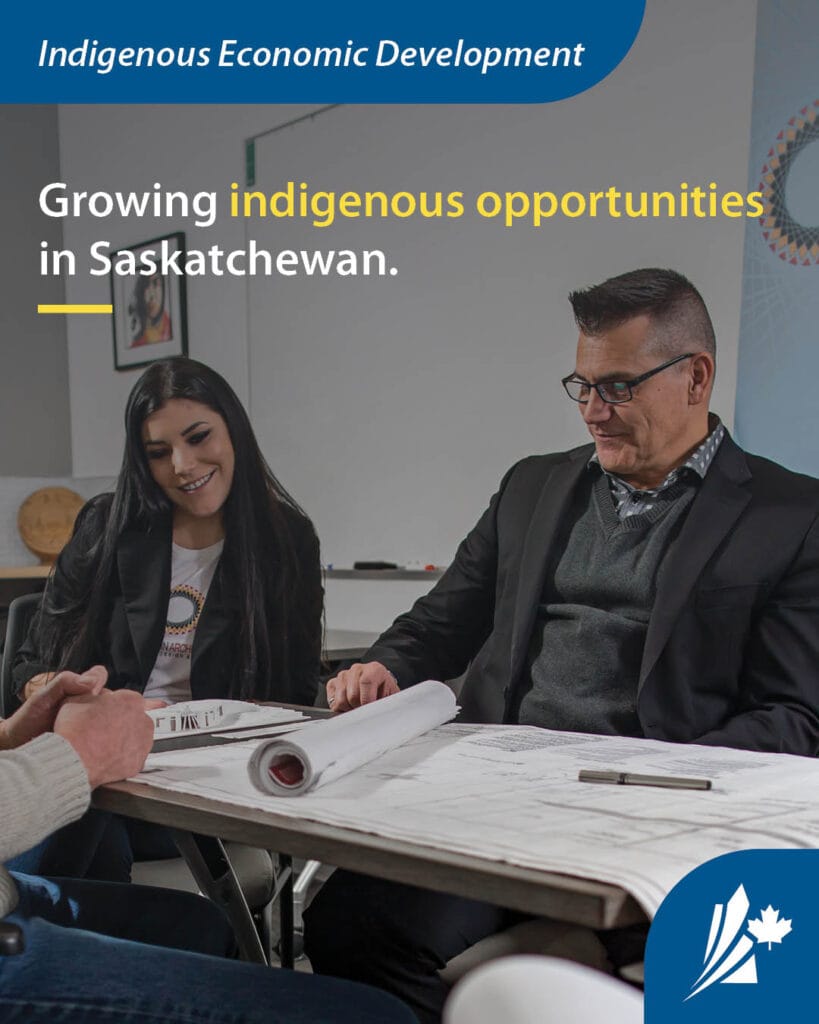 Two people work at a drafting table. The text on the graphic reads "Indigenous Ec Dev Day. Growing indigenous opportunities in Saskatchewan."